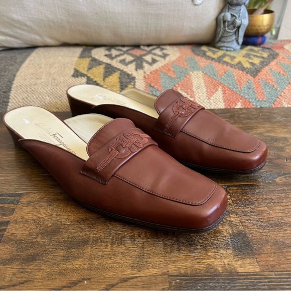 Salvatore Ferragamo Brown CalfLeather Gancini Embroidered Mules Size 10 B